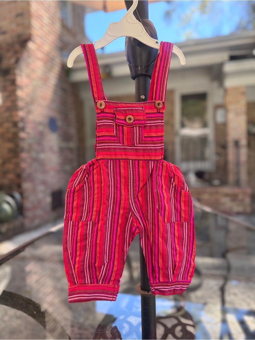 Girls Boho Striped Red, Pink and Black Overalls with Front Pockets - handmade